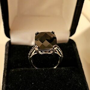 12.26 CTW Rectangular Cushion Black Spinel Rhodium Over Sterling Ring R1P24